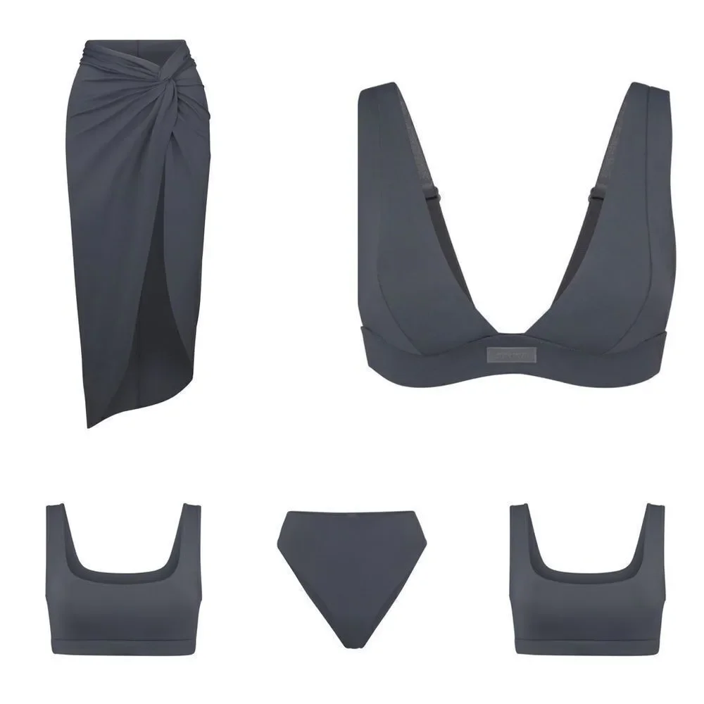 SKIMS Swim Gunmetal Gray Twist Front Slit Midi Swim Sarong Skirt Beach Cover Up